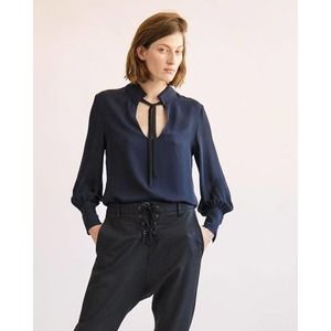 Nili Lotan Silk Blouse $550 Top Tie Bow Long Sleeve Work Navy Blue USA M